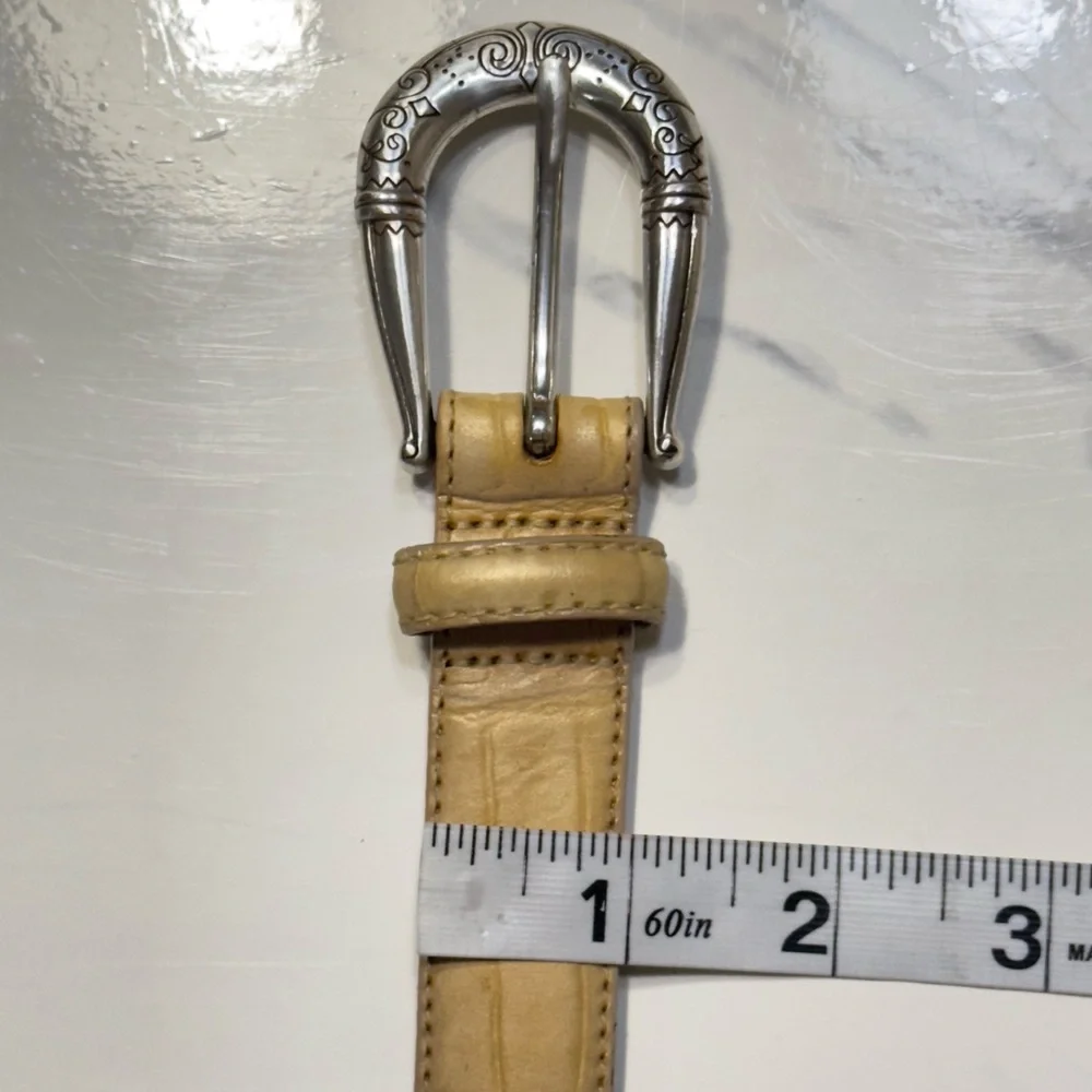 BRIGHTON | Silver Plated Buckle Tan Gold Croc Embossed Leather Belt Made In USA
